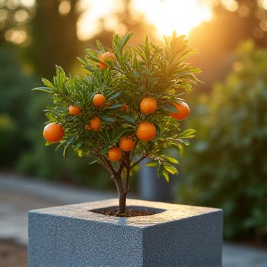 Dwarf citrus tree in stone pot
